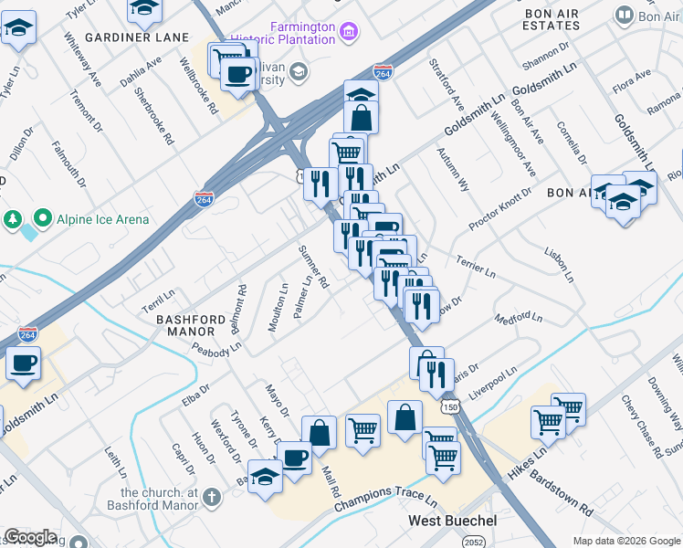 map of restaurants, bars, coffee shops, grocery stores, and more near 3320 Bardstown Road in Louisville