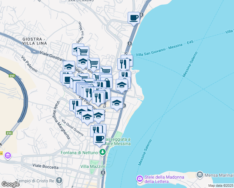 map of restaurants, bars, coffee shops, grocery stores, and more near 17 Viale Giostra in Messina