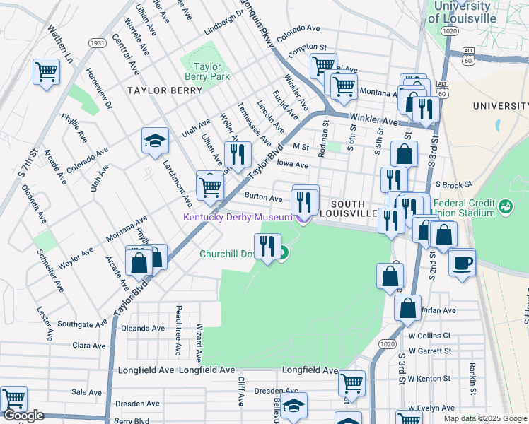 map of restaurants, bars, coffee shops, grocery stores, and more near 740 Burton Avenue in Louisville