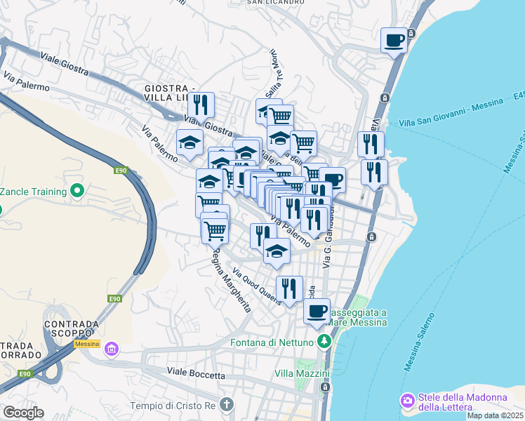 map of restaurants, bars, coffee shops, grocery stores, and more near 23 Via Guicciardini in Messina