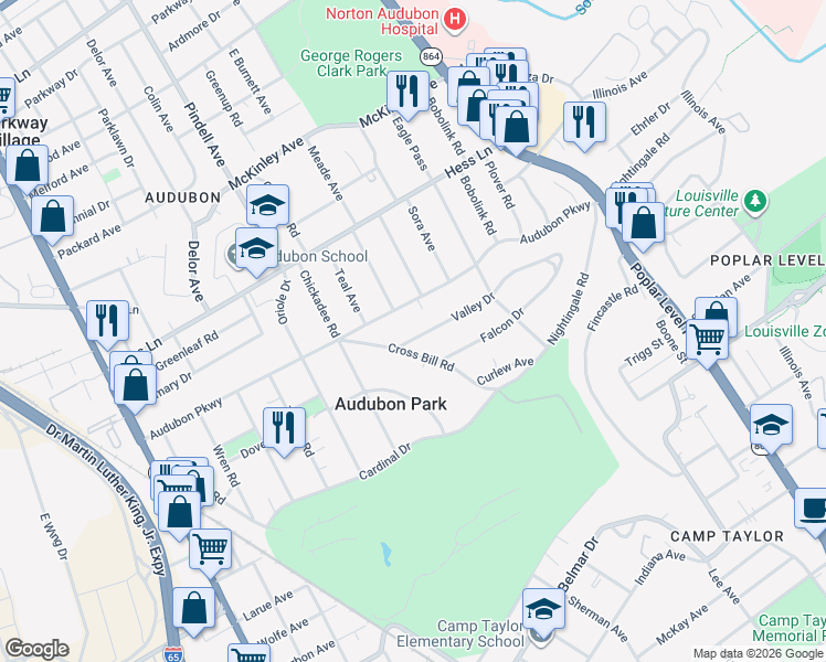 map of restaurants, bars, coffee shops, grocery stores, and more near 1136 Audubon Parkway in Louisville