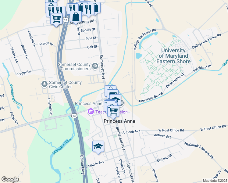 map of restaurants, bars, coffee shops, grocery stores, and more near 11839 Beechwood Street in Princess Anne