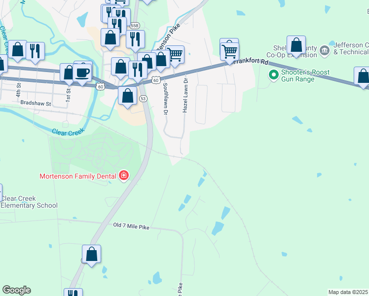 map of restaurants, bars, coffee shops, grocery stores, and more near 340 Hazel Lawn Drive in Shelbyville