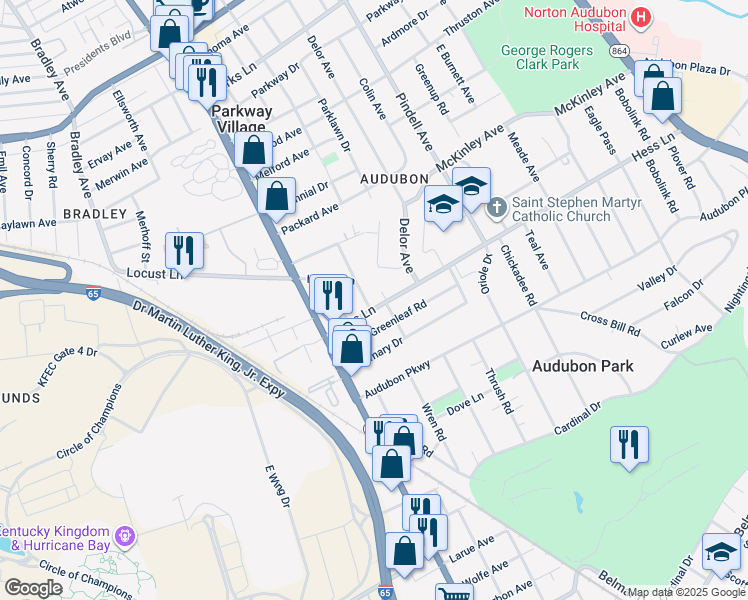 map of restaurants, bars, coffee shops, grocery stores, and more near 939 Hess Lane in Louisville