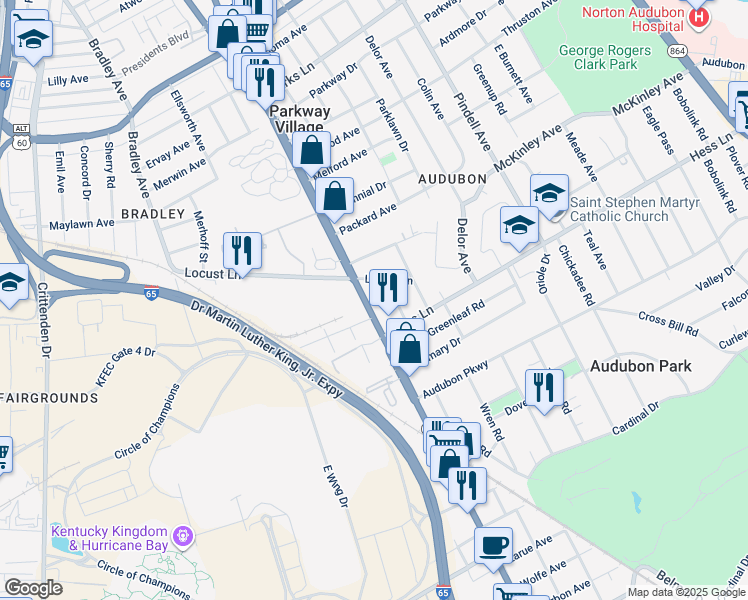 map of restaurants, bars, coffee shops, grocery stores, and more near 3001 Preston Highway in Louisville