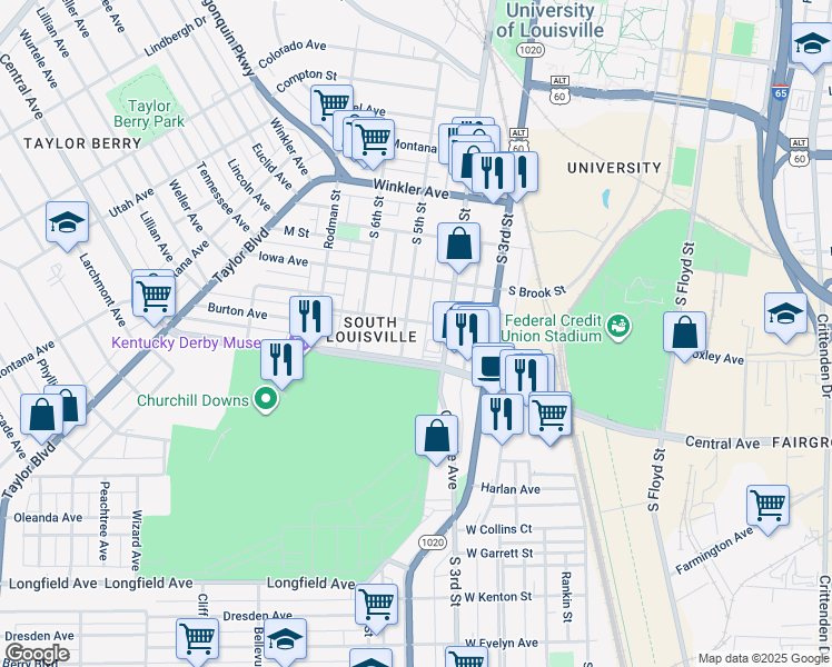map of restaurants, bars, coffee shops, grocery stores, and more near 3000 South 5th Street in Louisville