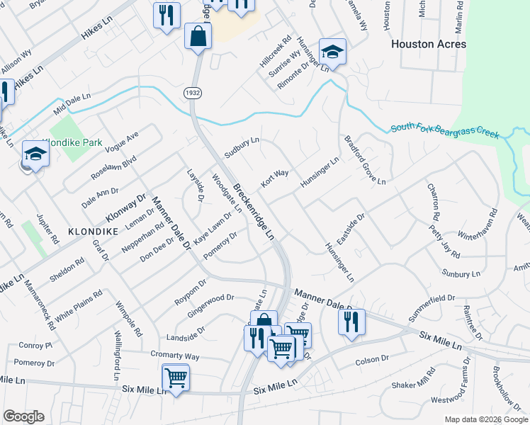 map of restaurants, bars, coffee shops, grocery stores, and more near 4003 Woodgate Lane in Louisville