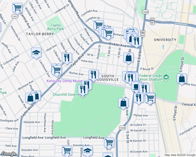 map of restaurants, bars, coffee shops, grocery stores, and more near 3009 Rodman Street in Louisville
