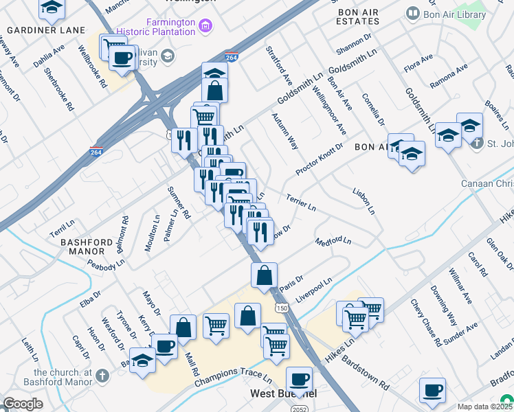 map of restaurants, bars, coffee shops, grocery stores, and more near 2220 Heather Lane in Louisville