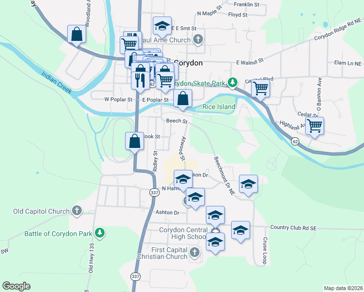 map of restaurants, bars, coffee shops, grocery stores, and more near 346 Atwood Street in Corydon