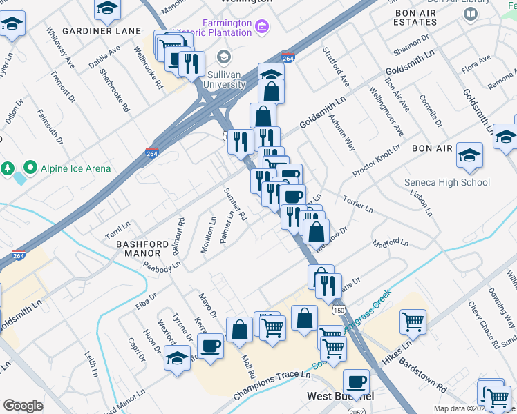 map of restaurants, bars, coffee shops, grocery stores, and more near 3340 Bardstown Road in Louisville