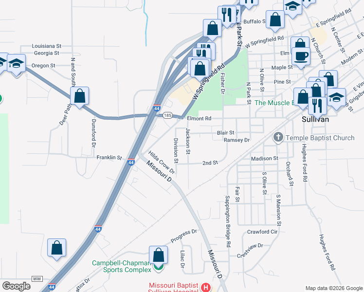 map of restaurants, bars, coffee shops, grocery stores, and more near 316 Jackson Street in Sullivan