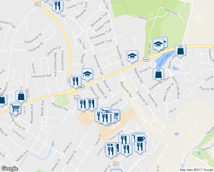 map of restaurants, bars, coffee shops, grocery stores, and more near 115 Butler Street in Frankfort