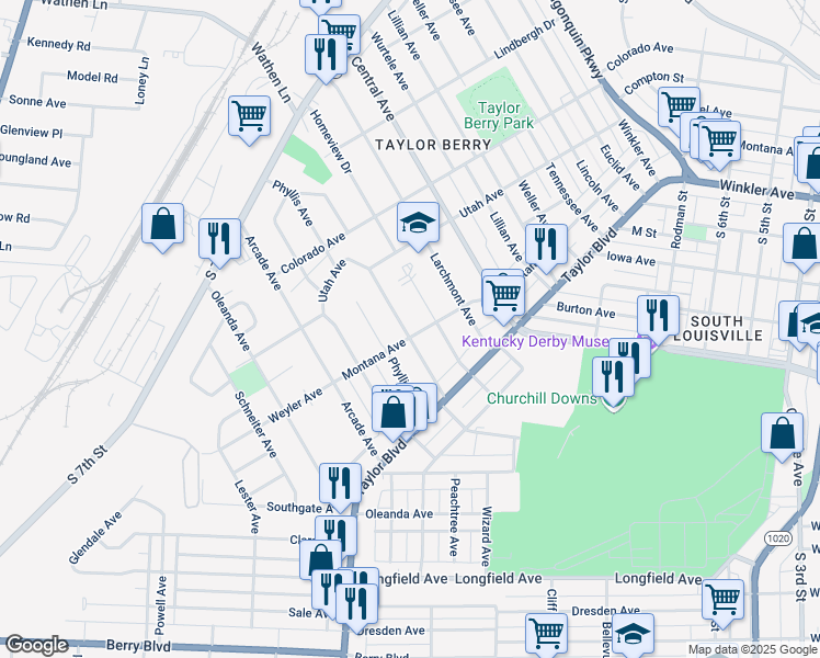 map of restaurants, bars, coffee shops, grocery stores, and more near 1403 Thornberry Avenue in Louisville