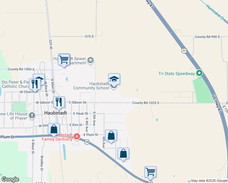 map of restaurants, bars, coffee shops, grocery stores, and more near 158 East 1025 South in Haubstadt