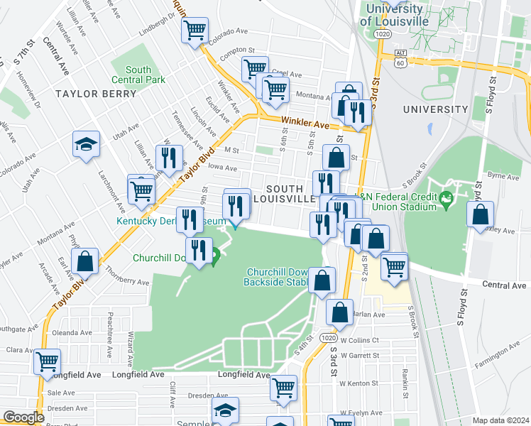 map of restaurants, bars, coffee shops, grocery stores, and more near in Louisville