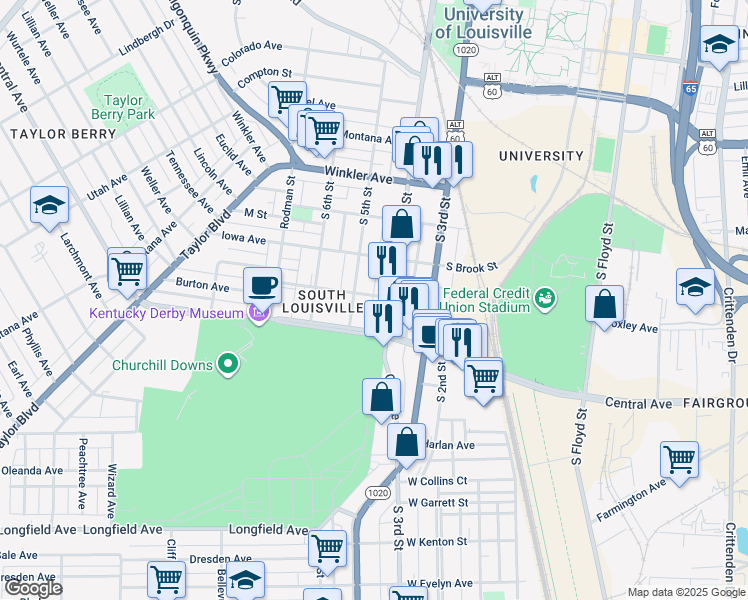 map of restaurants, bars, coffee shops, grocery stores, and more near 414 Heywood Avenue in Louisville