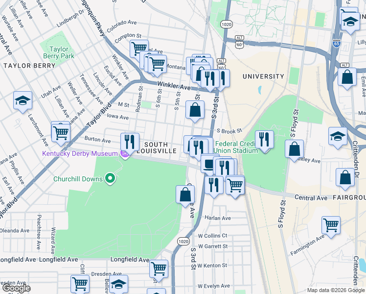 map of restaurants, bars, coffee shops, grocery stores, and more near in Louisville