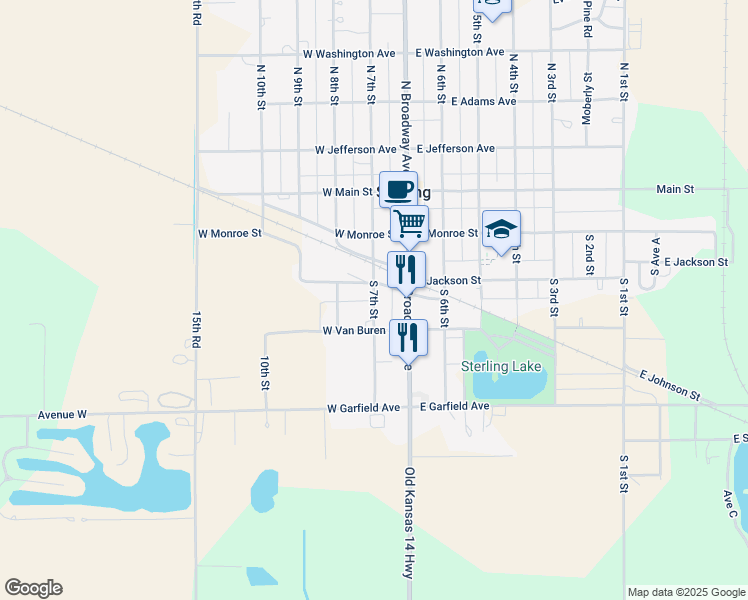 map of restaurants, bars, coffee shops, grocery stores, and more near South 7th Street in Sterling