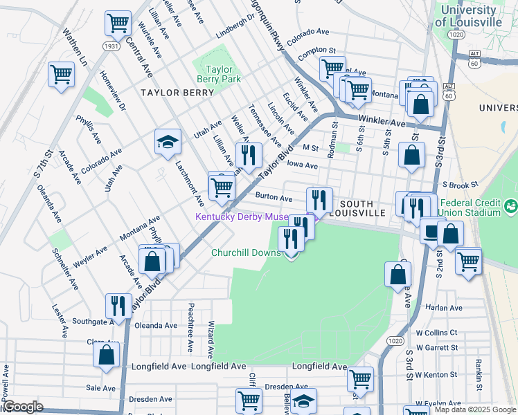 map of restaurants, bars, coffee shops, grocery stores, and more near 925 Central Avenue in Louisville