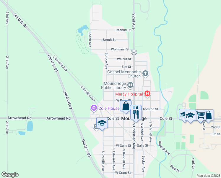 map of restaurants, bars, coffee shops, grocery stores, and more near 310 West Durst Street in Moundridge