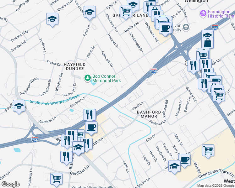map of restaurants, bars, coffee shops, grocery stores, and more near 3128 Sunny Lane in Louisville