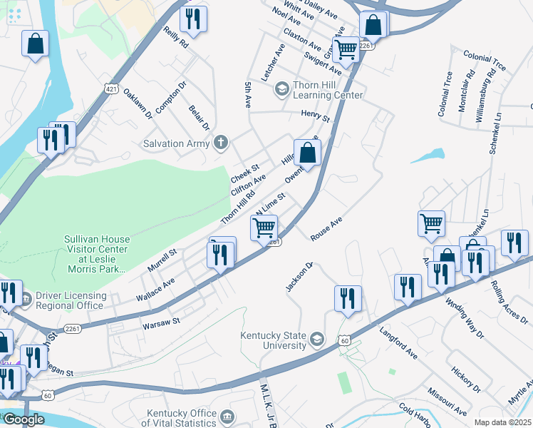 map of restaurants, bars, coffee shops, grocery stores, and more near 112 Spring Street in Frankfort