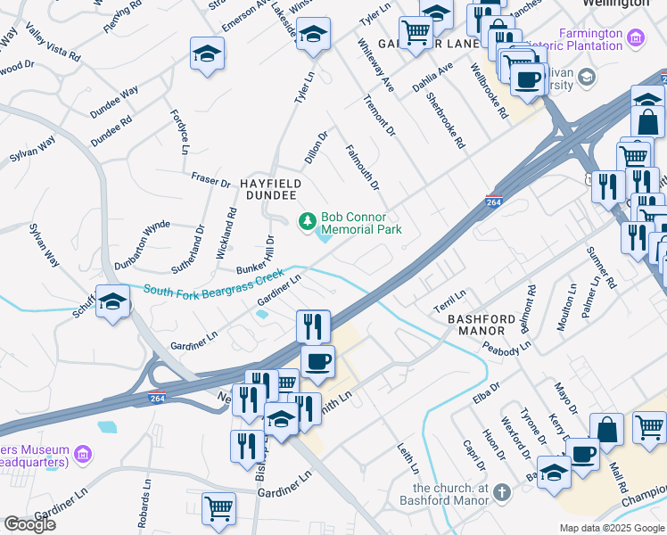 map of restaurants, bars, coffee shops, grocery stores, and more near 3100 Sunny Lane in Louisville