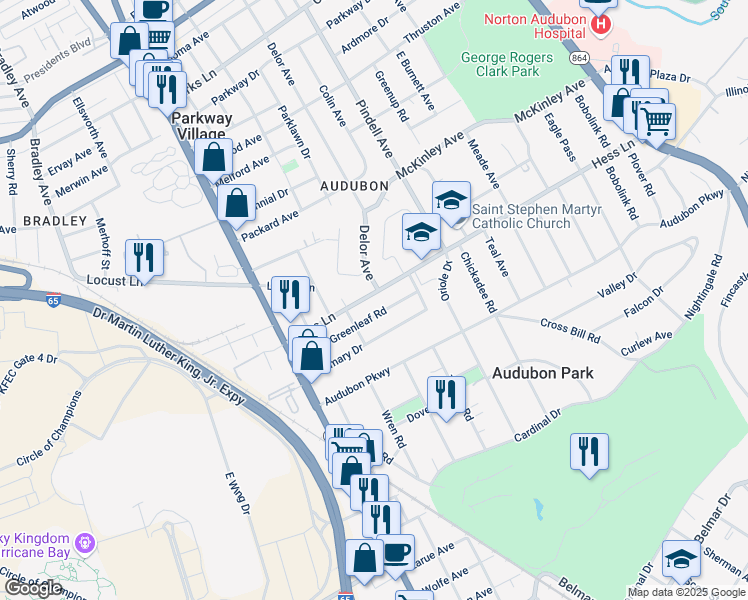 map of restaurants, bars, coffee shops, grocery stores, and more near 1016 Hess Lane in Louisville