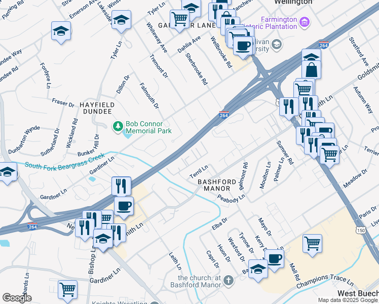 map of restaurants, bars, coffee shops, grocery stores, and more near 3304 Bent Creek Court in Louisville