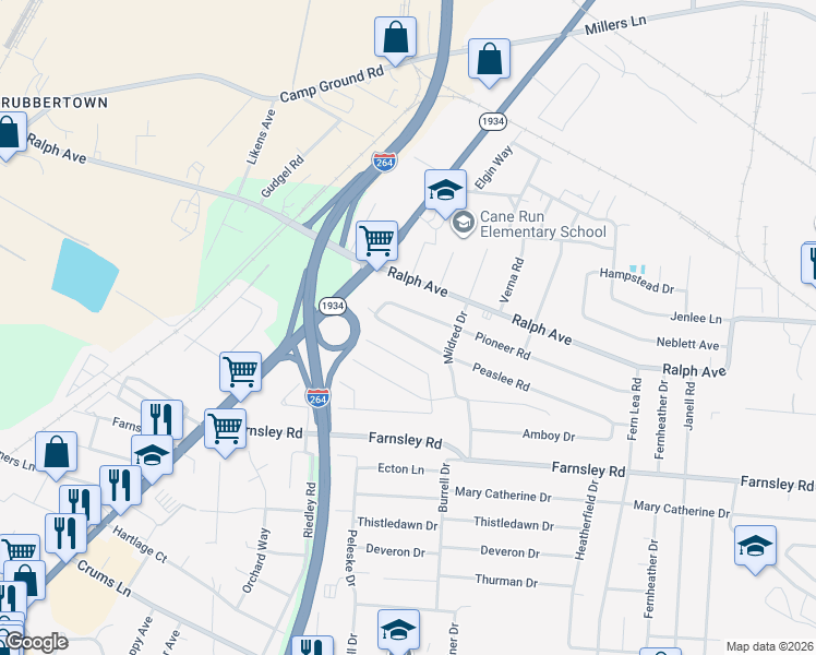 map of restaurants, bars, coffee shops, grocery stores, and more near 2315 Peaslee Road in Louisville