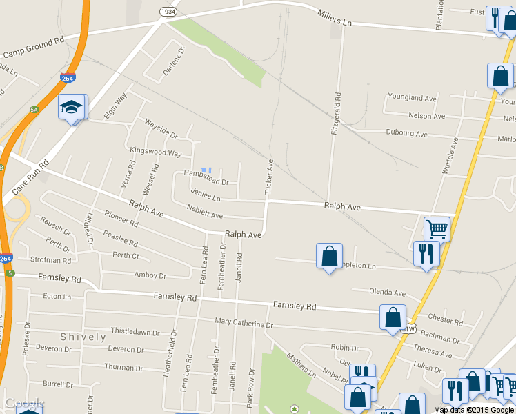map of restaurants, bars, coffee shops, grocery stores, and more near 2506 Jenlee Lane in Louisville