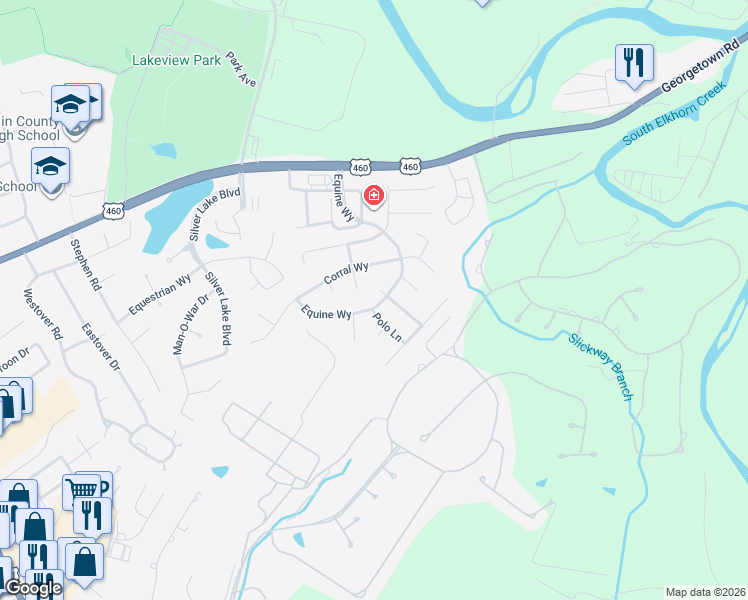 map of restaurants, bars, coffee shops, grocery stores, and more near 1456 Equine Way in Frankfort