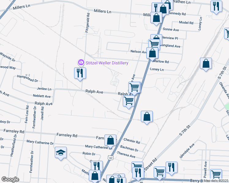 map of restaurants, bars, coffee shops, grocery stores, and more near 2287 Ralph Avenue in Louisville