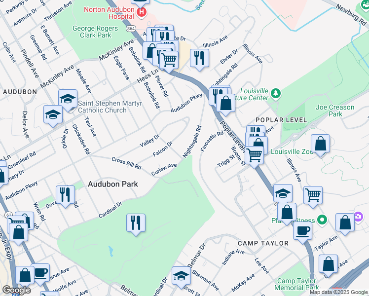 map of restaurants, bars, coffee shops, grocery stores, and more near 1409 Nightingale Road in Louisville