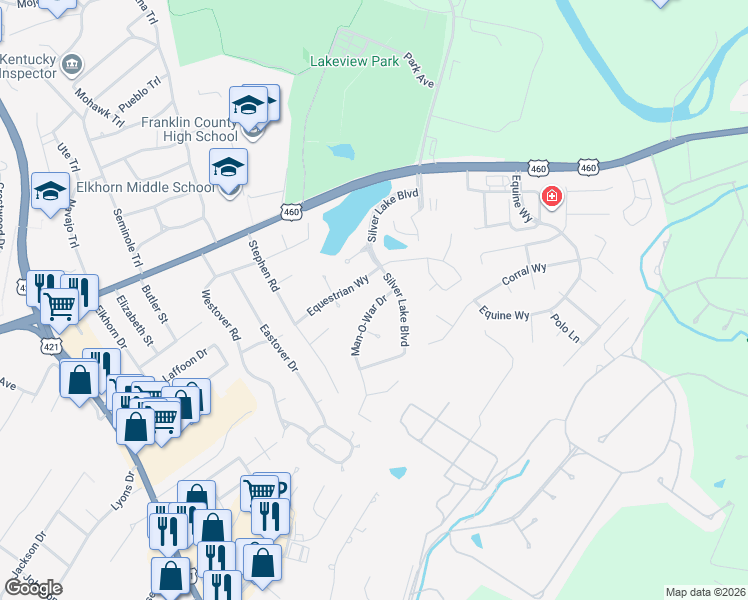 map of restaurants, bars, coffee shops, grocery stores, and more near 1015 Man-O-War Drive in Frankfort