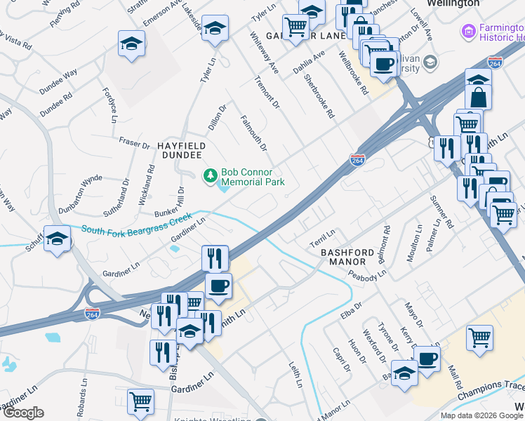 map of restaurants, bars, coffee shops, grocery stores, and more near 3113 Sunny Lane in Louisville