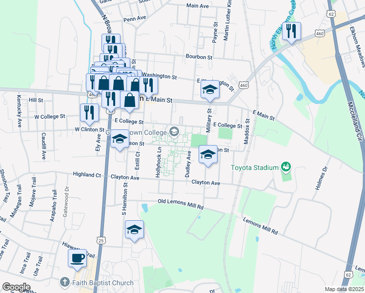 map of restaurants, bars, coffee shops, grocery stores, and more near 610 East Jackson Street in Georgetown