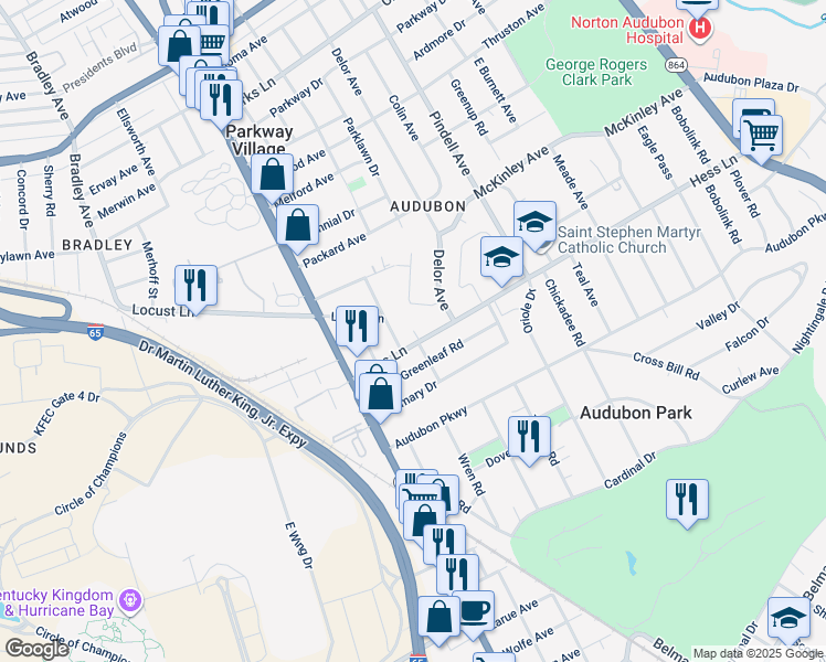 map of restaurants, bars, coffee shops, grocery stores, and more near 939 Hess Lane in Louisville