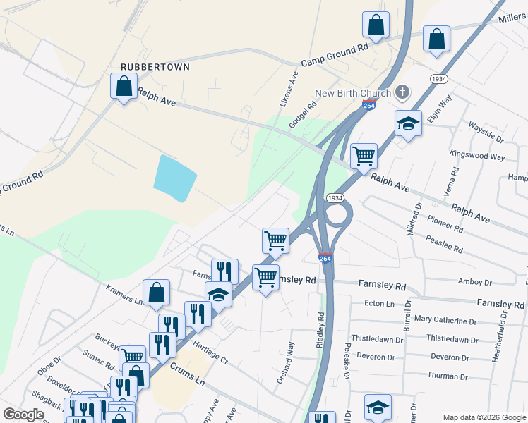 map of restaurants, bars, coffee shops, grocery stores, and more near 3309 Carrie Dr in Louisville