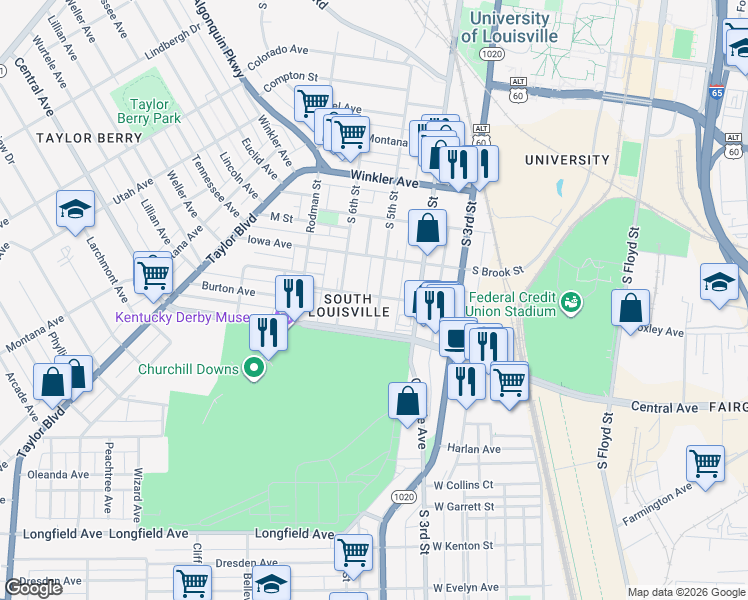 map of restaurants, bars, coffee shops, grocery stores, and more near 3000 South 5th Street in Louisville