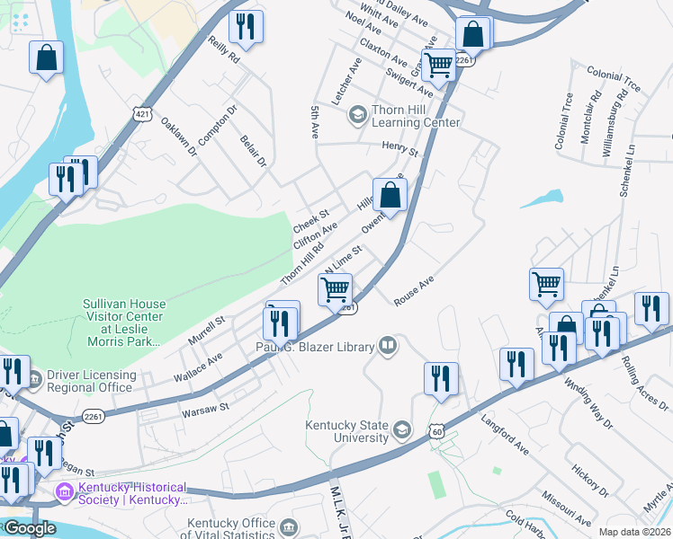 map of restaurants, bars, coffee shops, grocery stores, and more near 112 Spring Street in Frankfort