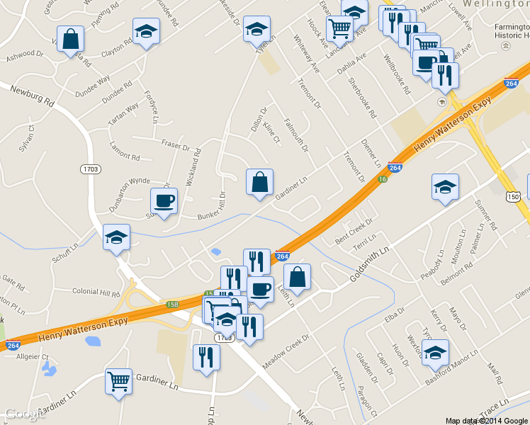 map of restaurants, bars, coffee shops, grocery stores, and more near 3100 Sunny Lane in Louisville