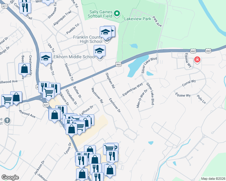 map of restaurants, bars, coffee shops, grocery stores, and more near 208 Stephen Road in Frankfort