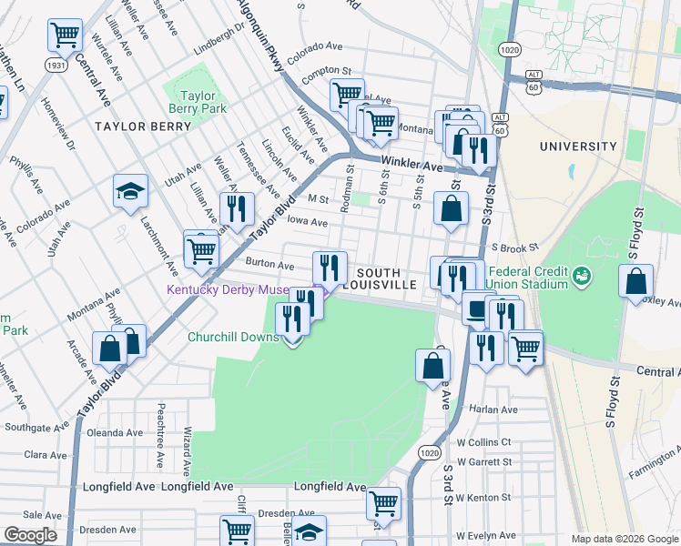 map of restaurants, bars, coffee shops, grocery stores, and more near 3009 Rodman Street in Louisville