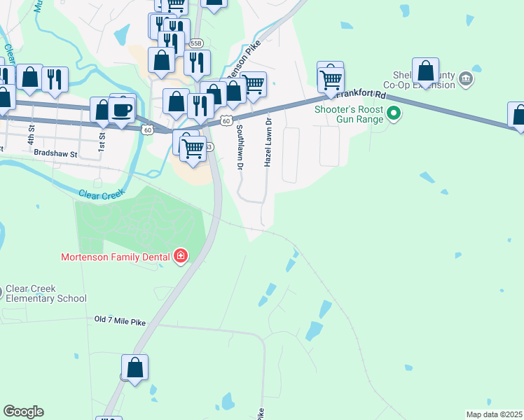 map of restaurants, bars, coffee shops, grocery stores, and more near 340 Hazel Lawn Drive in Shelbyville