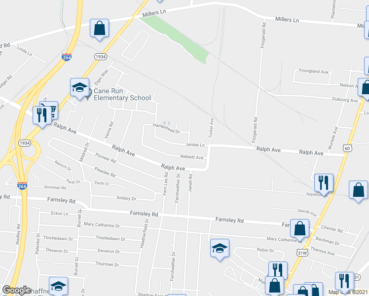 map of restaurants, bars, coffee shops, grocery stores, and more near 2518 Jenlee Lane in Louisville