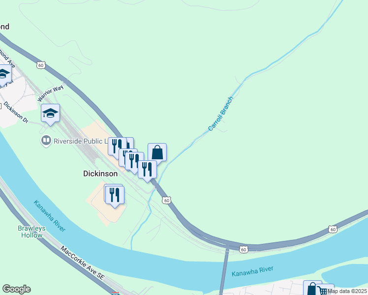 map of restaurants, bars, coffee shops, grocery stores, and more near Carroll Drive in Belle