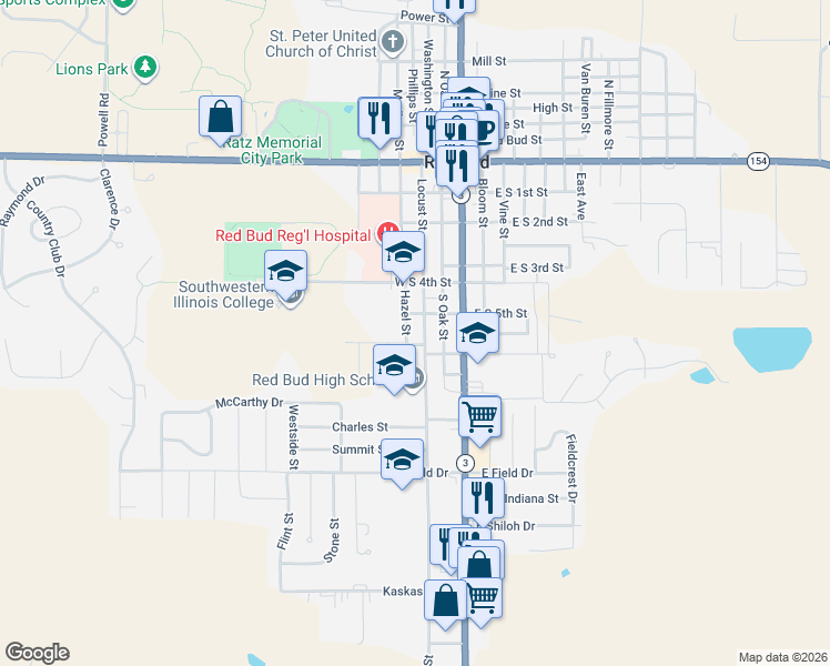 map of restaurants, bars, coffee shops, grocery stores, and more near 615 Locust Street in Red Bud