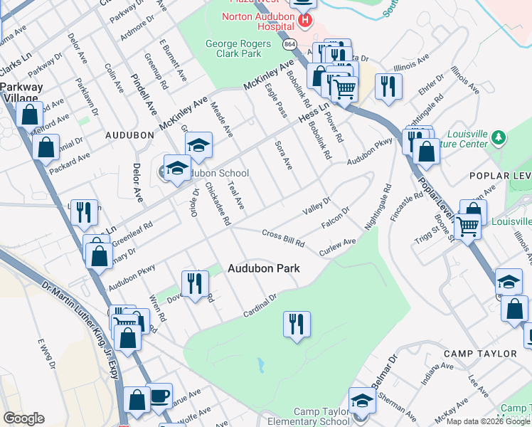 map of restaurants, bars, coffee shops, grocery stores, and more near 1136 Audubon Parkway in Louisville